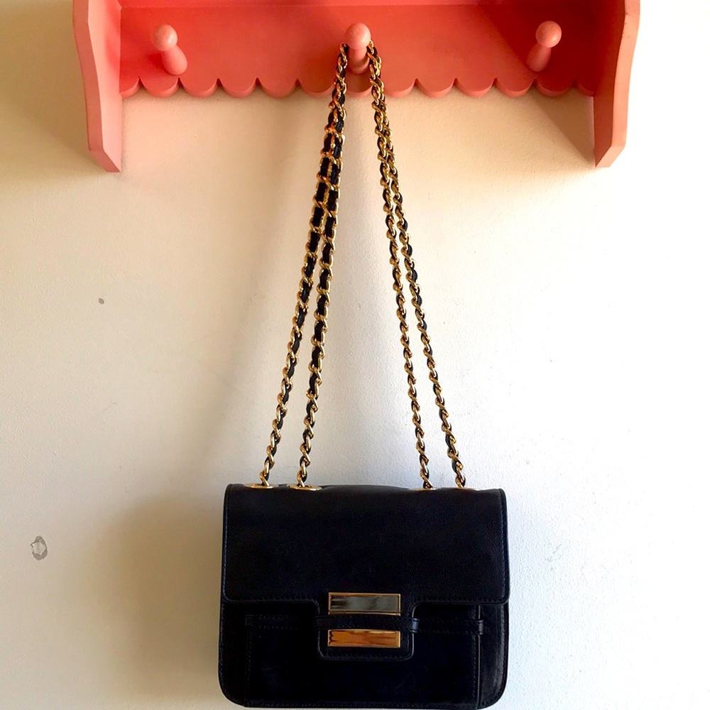 EUC Zac Posen bag black leather gold tone chain classic CoCo C. style front flap